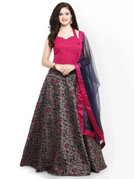 Beige & Pink Semi-Stitched Lehenga