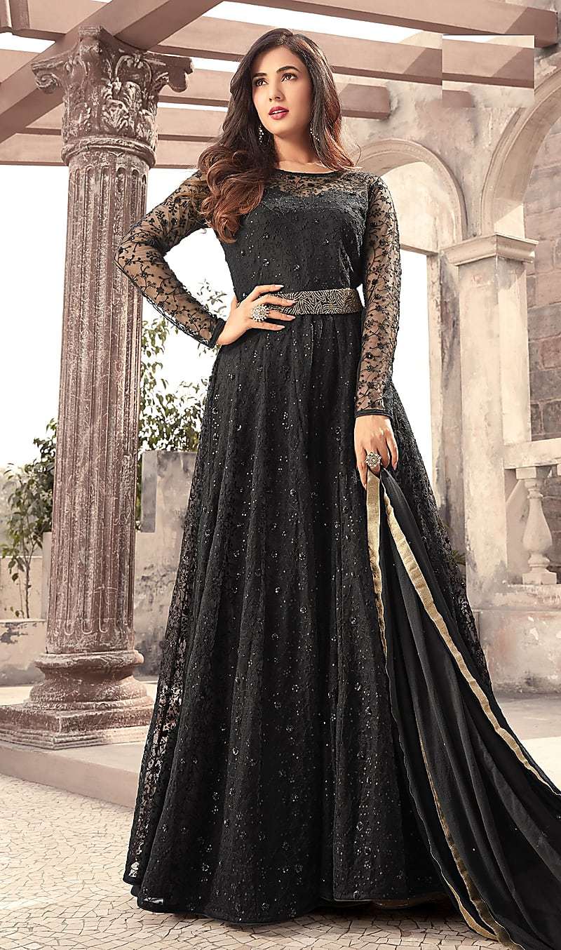Black Color Net Embroidered Circular Gown