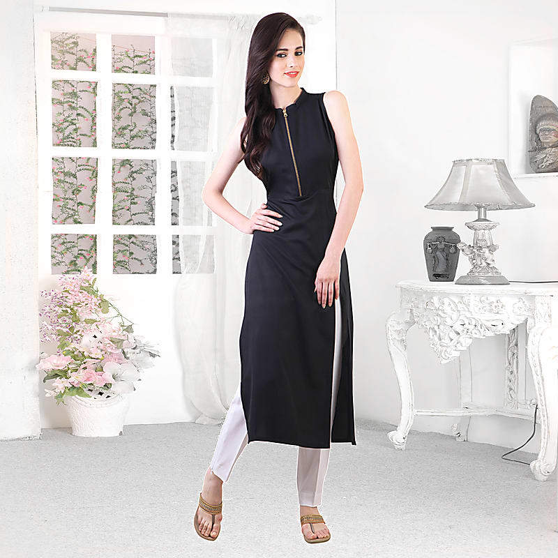 Black Color Rayon Plain Closed Neck Straight Kurti
