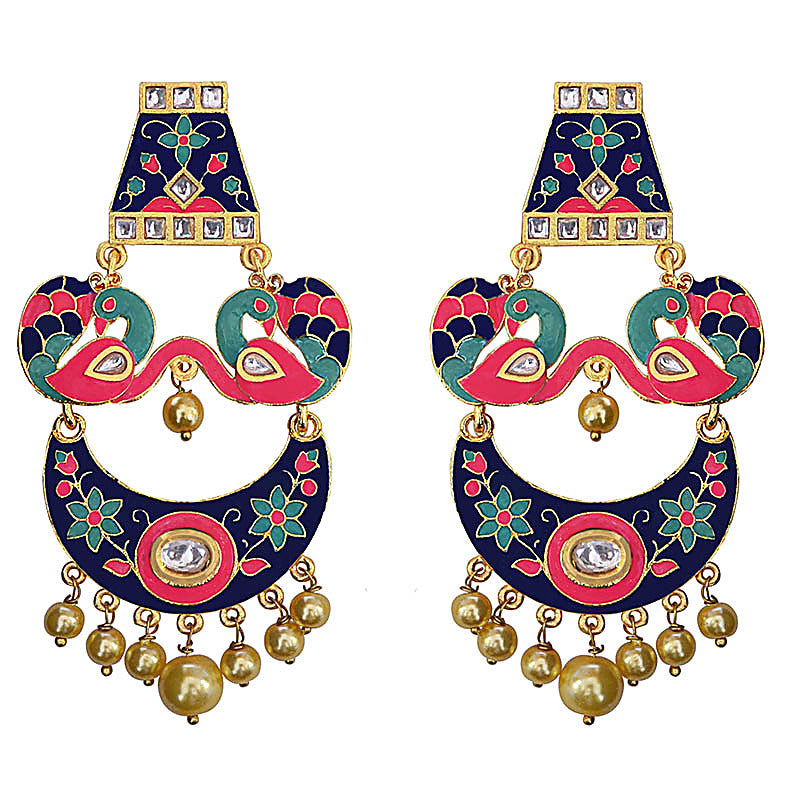 Blue Color Brass Designer Meenakari Earrings
