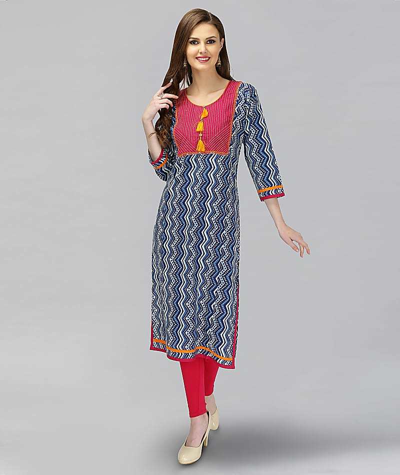 Blue Color Cotton Printed A-line Kurti