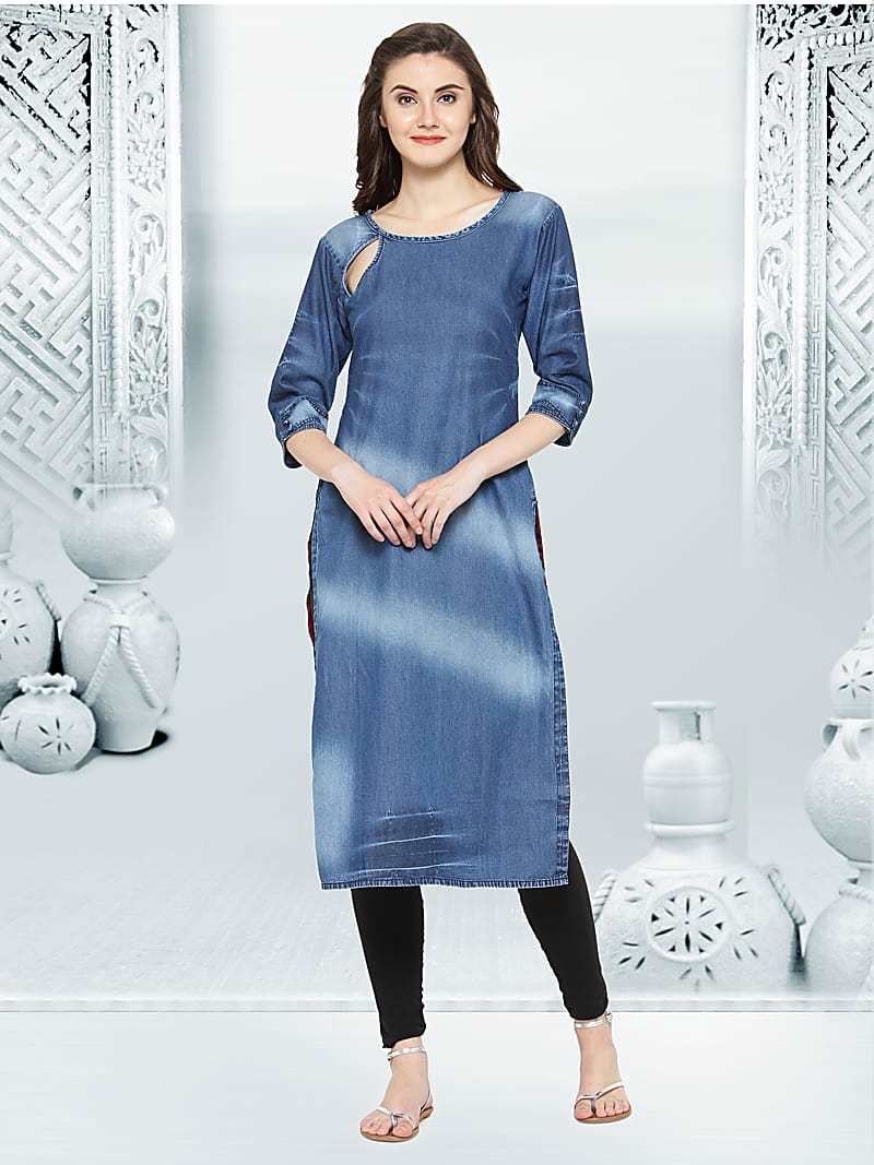 Blue Color Denim Plain Calf Length A Line Style Kurti
