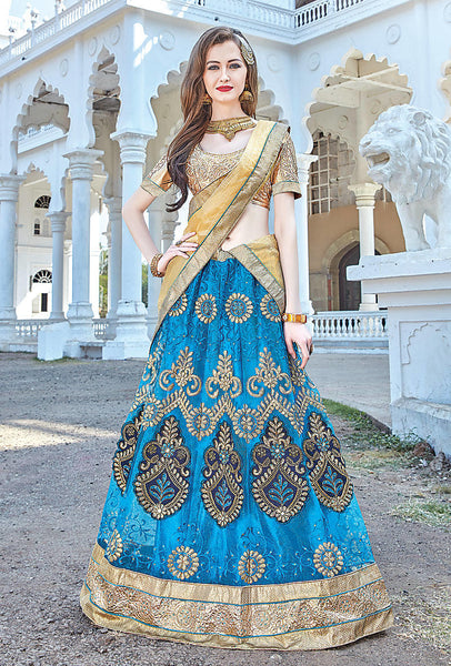 Blue Color Embroidered Net Lehenga