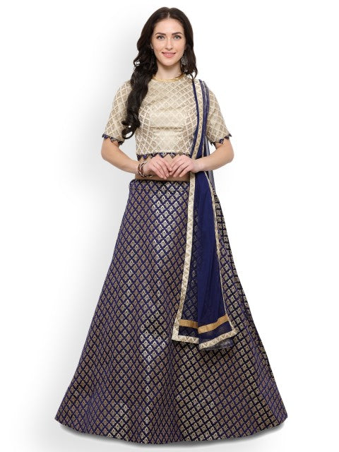 Blue & Gold-Tone Semi-Stitched Lehenga