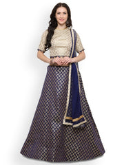 Blue & Gold-Tone Semi-Stitched Lehenga
