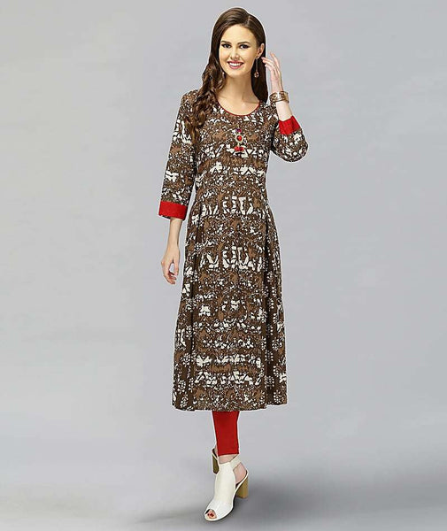 Brown Color Cotton Dabu Printed A-line Kurti