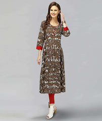 Brown Color Cotton Dabu Printed A-line Kurti