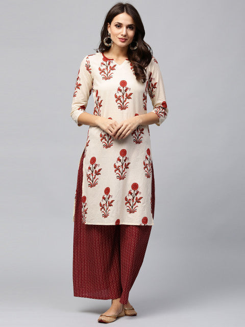 Cream-Coloured & Maroon Printed Kurti