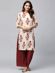 Cream-Coloured & Maroon Printed Kurti