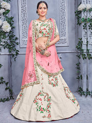 Cream Color Banarasi Silk Embroidered Semi-stitched Lehenga