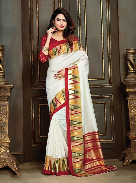 Cream Festive Wear Patola Silk Plain And Solid Saree