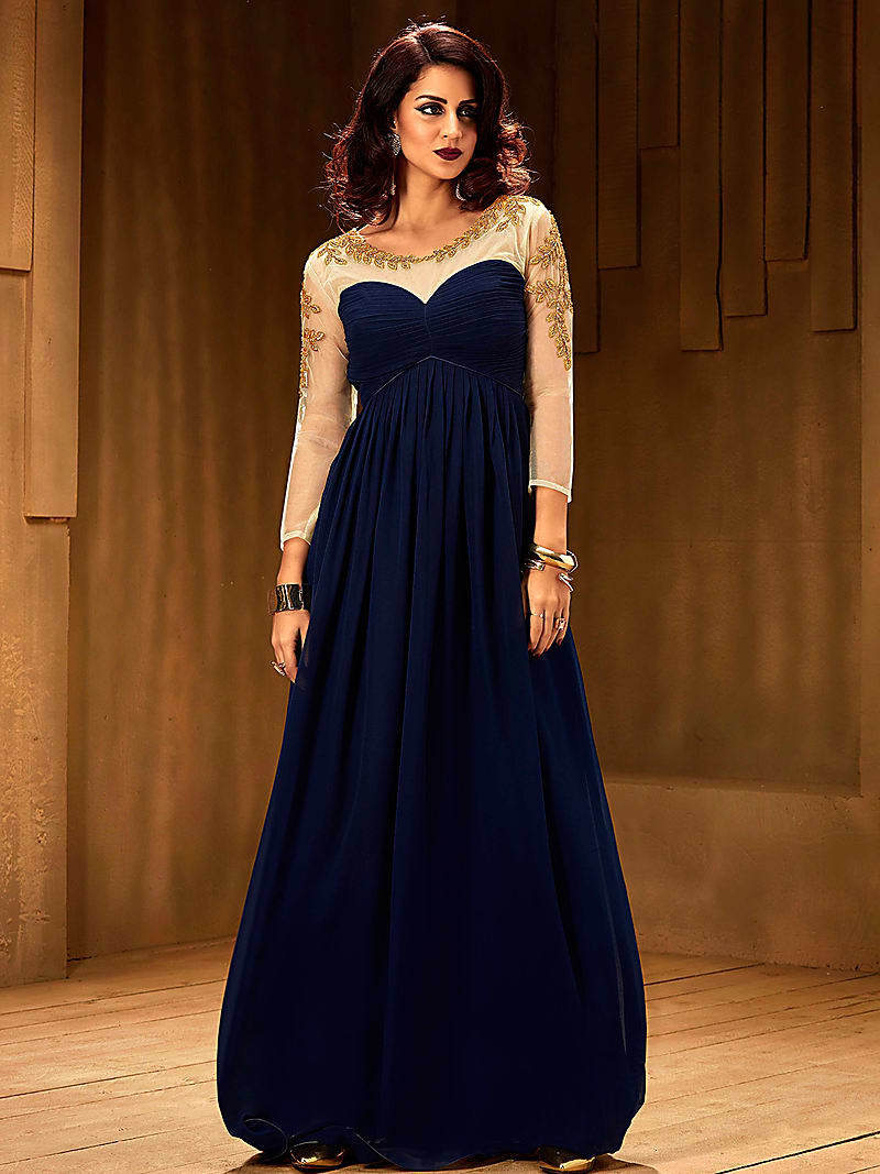 Flared Navy Blue Color Net Fabric Stitched Embroidered Designer Partywear Gown