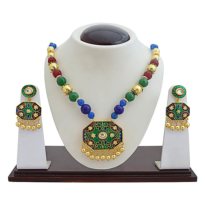 Green Color Brass Pearls Casual Meenakari Necklace Set