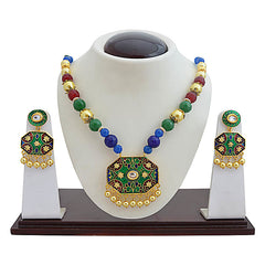 Green Color Brass Pearls Casual Meenakari Necklace Set