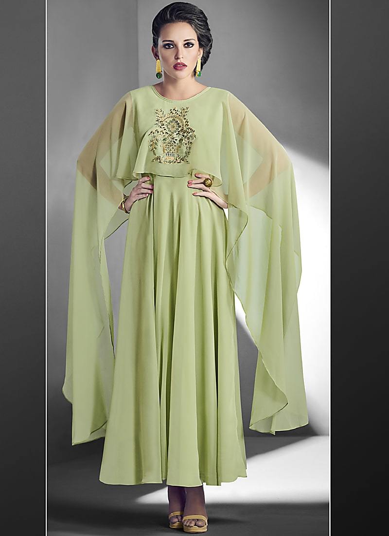 Green Color Georgette Embroidery With Diamond Fully Stitched Gown