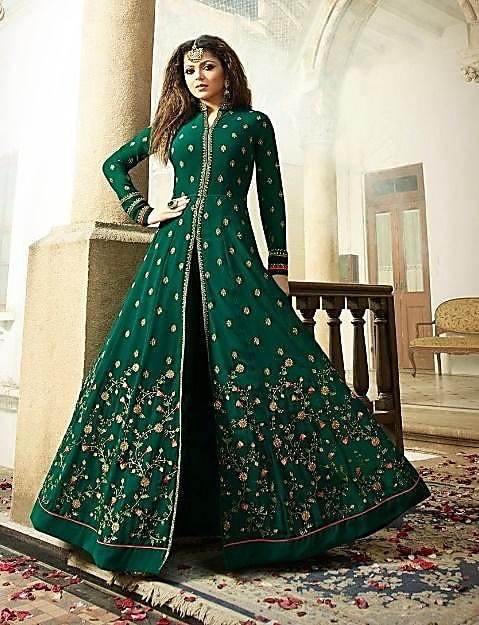 Green Color Silk Embroidered Circular Gown