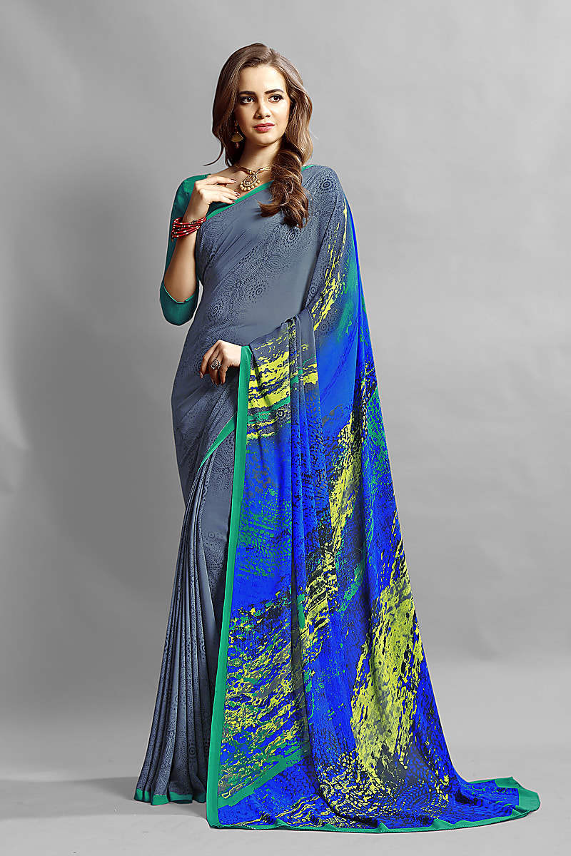 Grey Color Crepe Printed Casual Saree