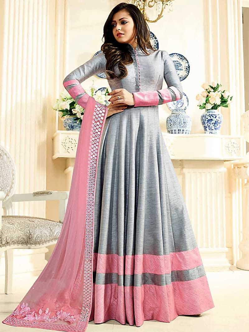Grey Color Silk Embroidered Designer Gown