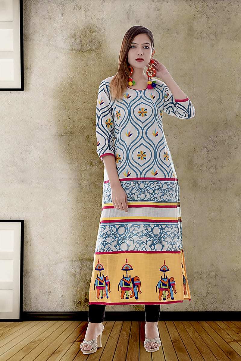 Multicolor Cotton Embroidered Calf Length Straight Kurti