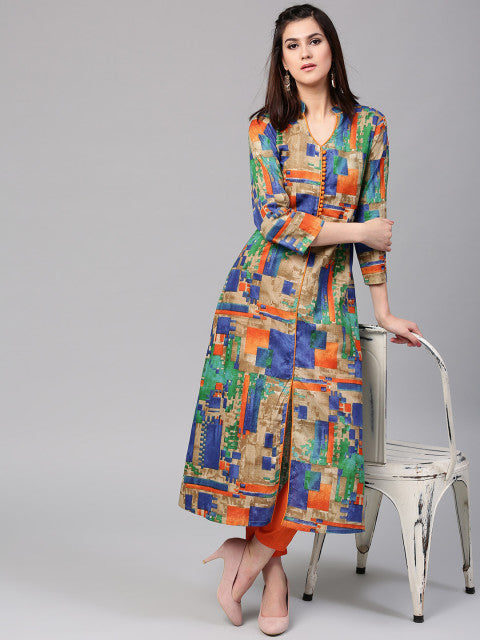 Multicoloured Printed A-Line Kurta | dresswalas Multicoloured Printed A-Line Kurta | dresswalas