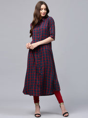 Navy & Red Checked A-Line Kurta
