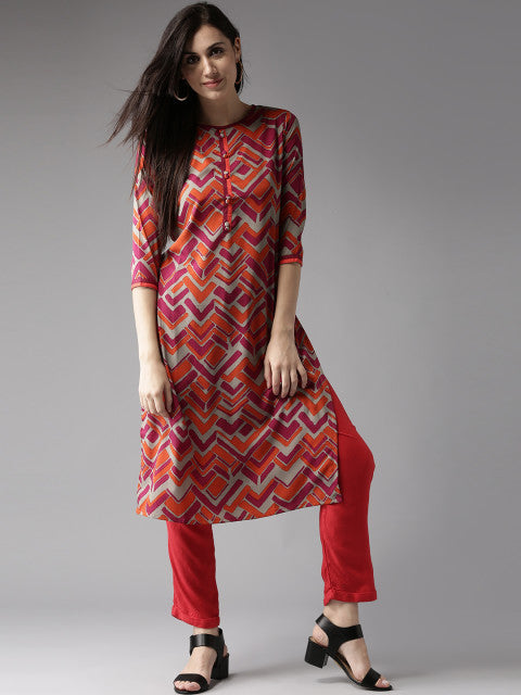 Orange & Grey Printed Straight Kurta