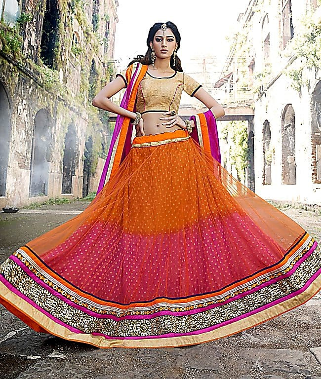 Orange & Pink Net & Viscouse Jacquard Inner Embroiderd Lehenga