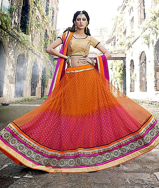 Orange & Pink Net & Viscouse Jacquard Inner Embroiderd Lehenga