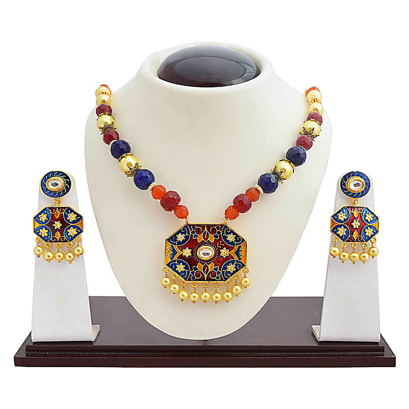 Red Color Brass Pearls Casual Meenakari Necklace Set