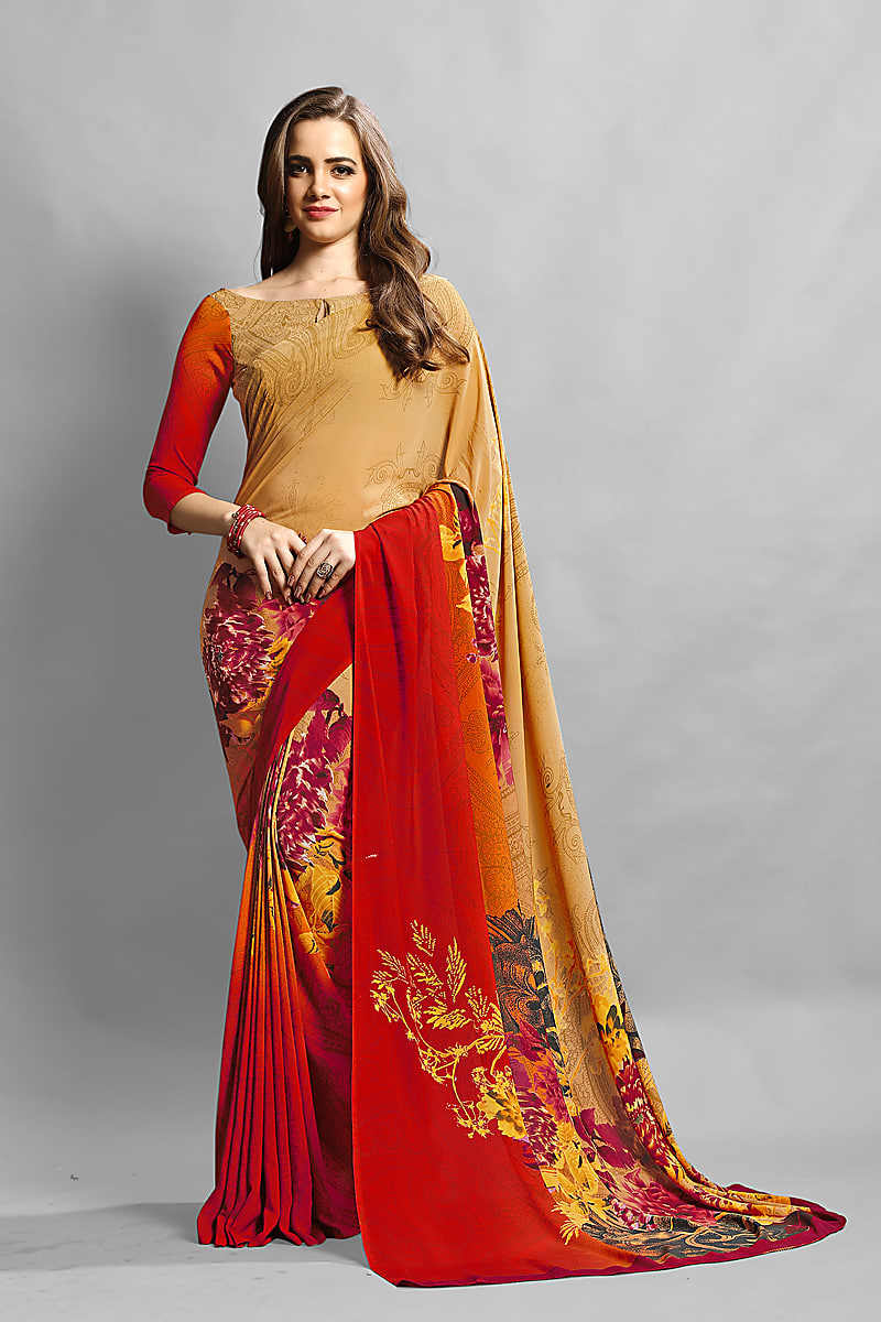 Red Color Crepe Printed Casual Saree