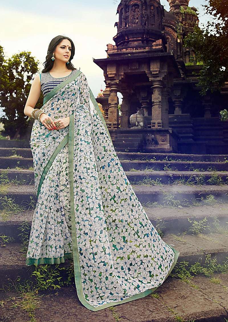 White Green Rajjo Net Printed Saree